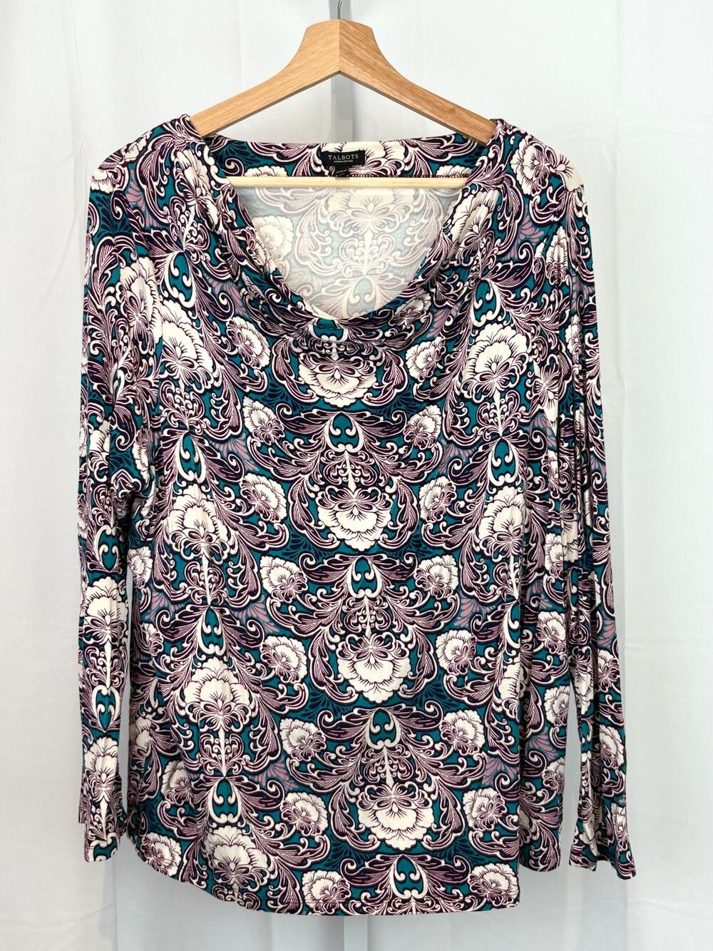 TALBOTS  2XP Plus Drape Neck Long Sleeve Top Floral Geometric Purple Teal Green